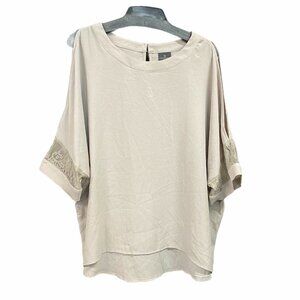 Worthington Womens PXXL Taupe Short Sleeve Blouse Lace Split Cold Shoulder Shirt